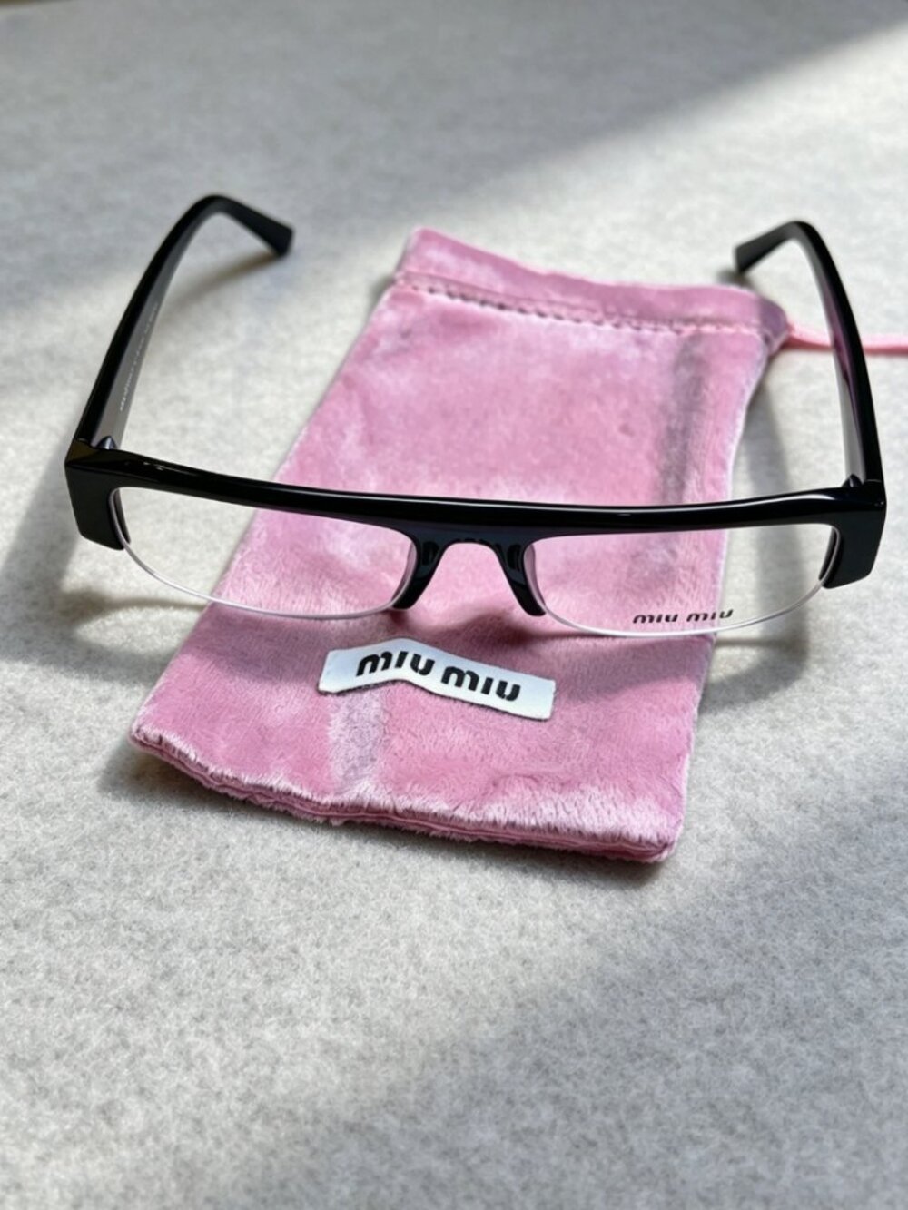 Miu Miu Black Logo Sunglasses with Pink Velvet Pouch